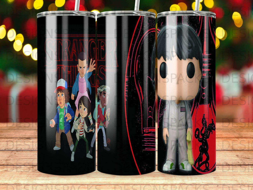 Stranger Things characters Eleven, Mike, Lucas, Dustin, and Will on a black tumbler.