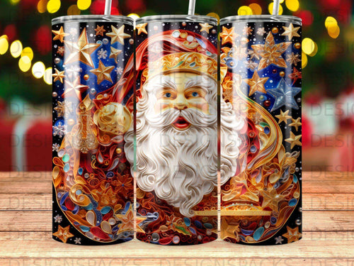 Santa Claus with stars and festive patterns on a dark background.