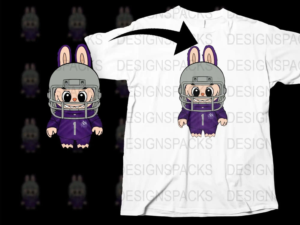 Cute Cartoon Bunny Football Player Graphic T-Shirt, Purple Helmet Design, Kids Sports Apparel