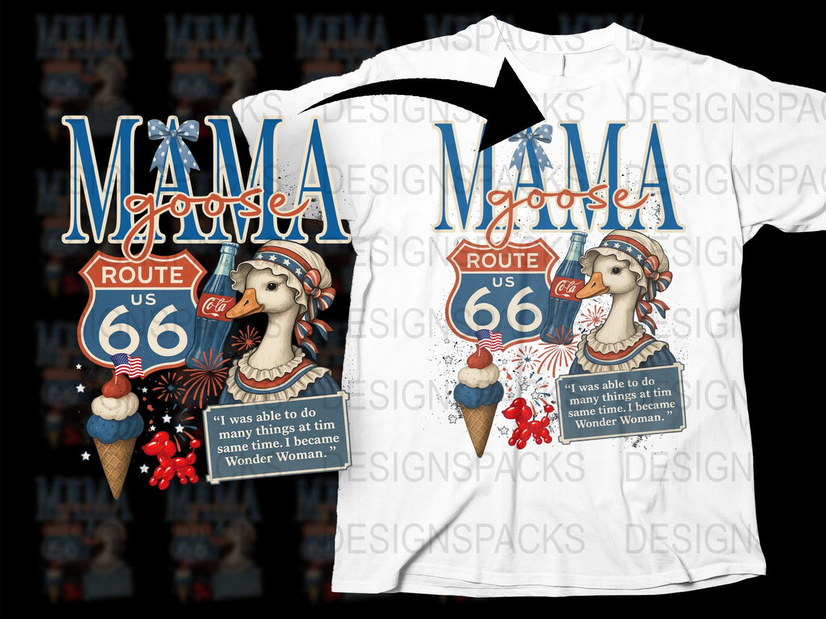 Mama Goose Route 66 T-Shirt, Vintage Style Goose Graphic Tee, Patriotic Mom Shirt with Quotes