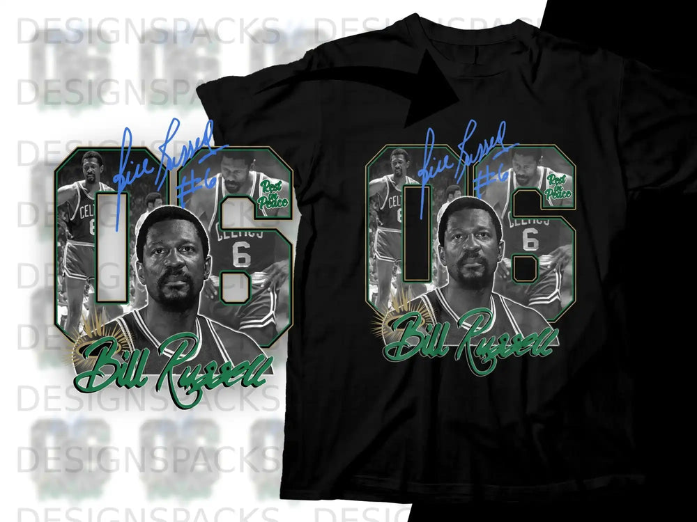 Bill Russell graphic on a black t-shirt with facsimile autograph and text.