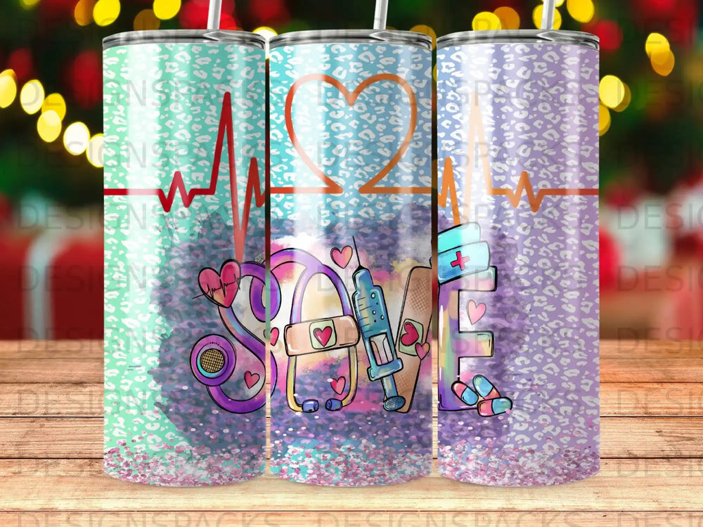 Tumbler with heart rate, stethoscope, syringe, and "LOVE" in pastel colors.