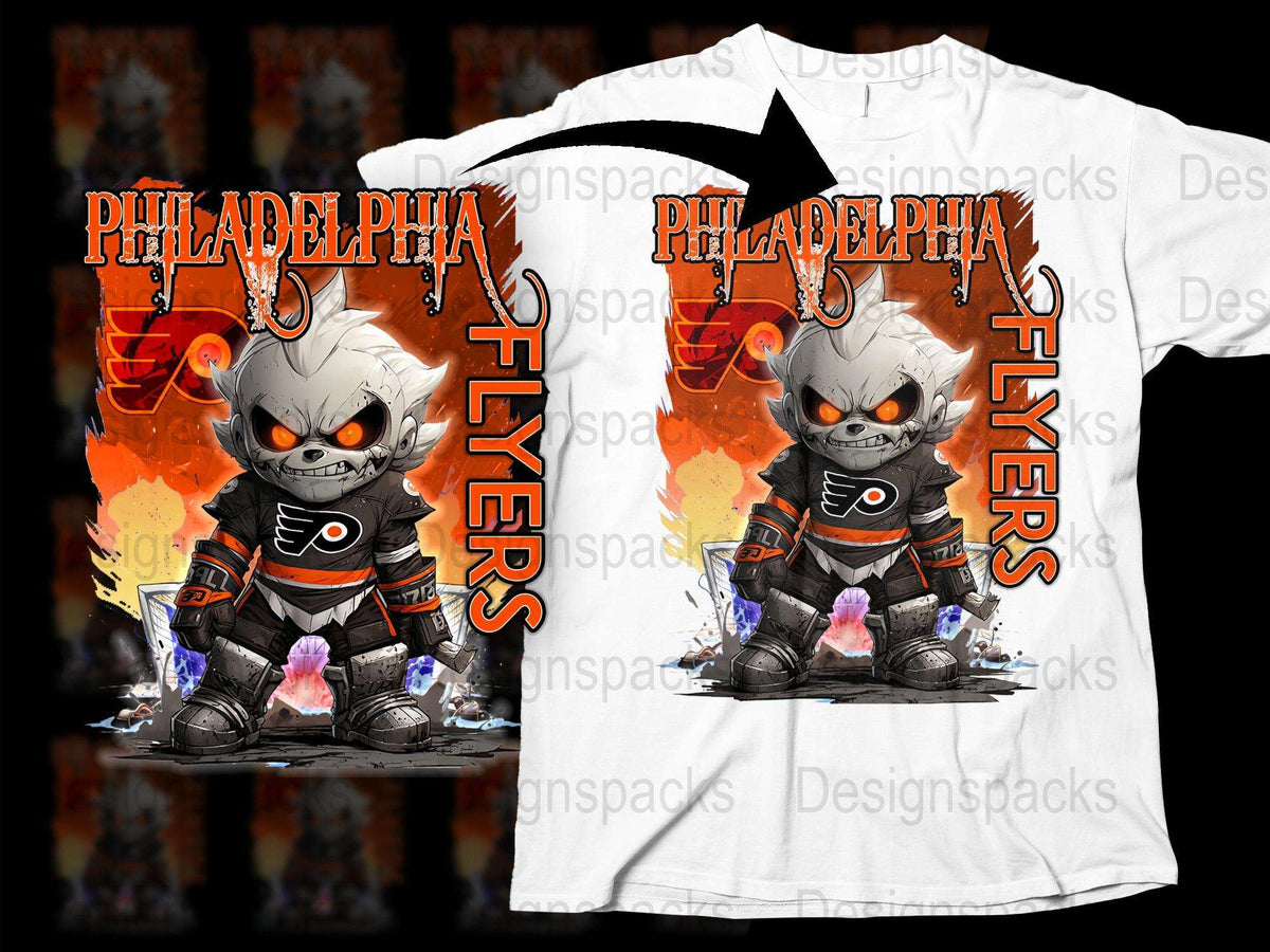 Philadelphia Flyers Themed Graphic T-Shirt, Spooky Cartoon Character Design, Hockey Fan Apparel