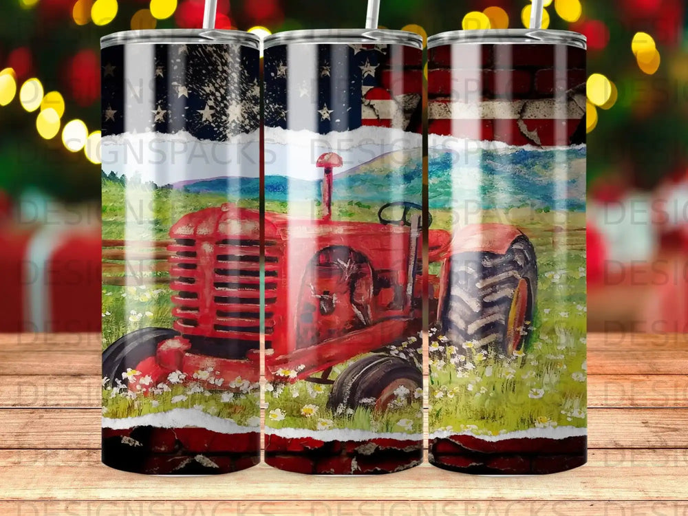 Red vintage tractor in a field with American flag and brick pattern.