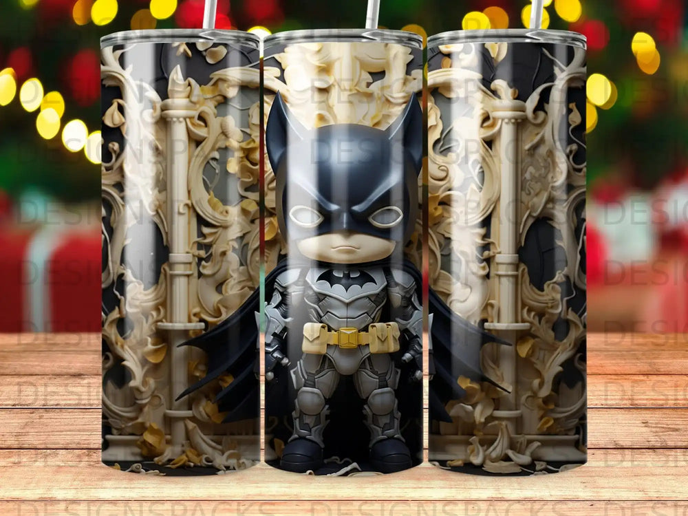 Batman figurine in ornate gold frame, standing on wooden planks.