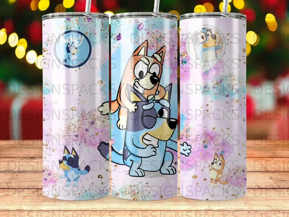 Bluey and Bingo characters on a colorful, glittery tumbler.