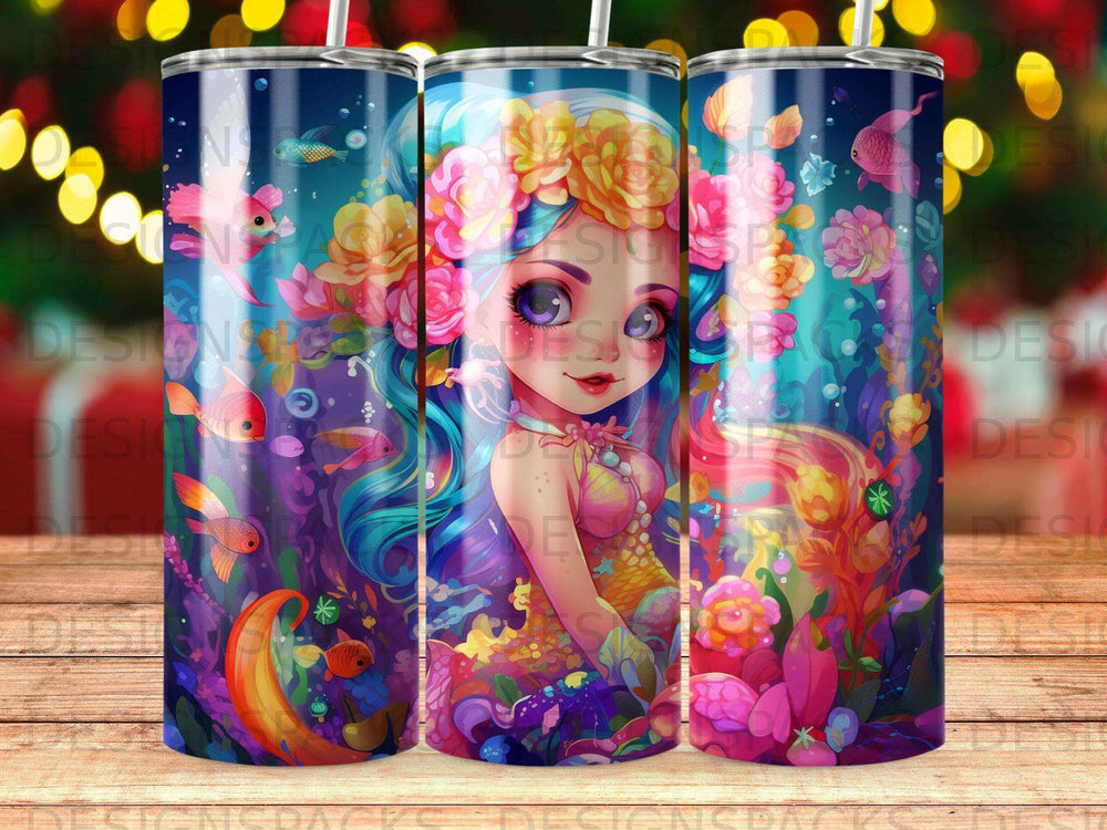 Mermaid with colorful flowers and fish, underwater scene on a tumbler.
