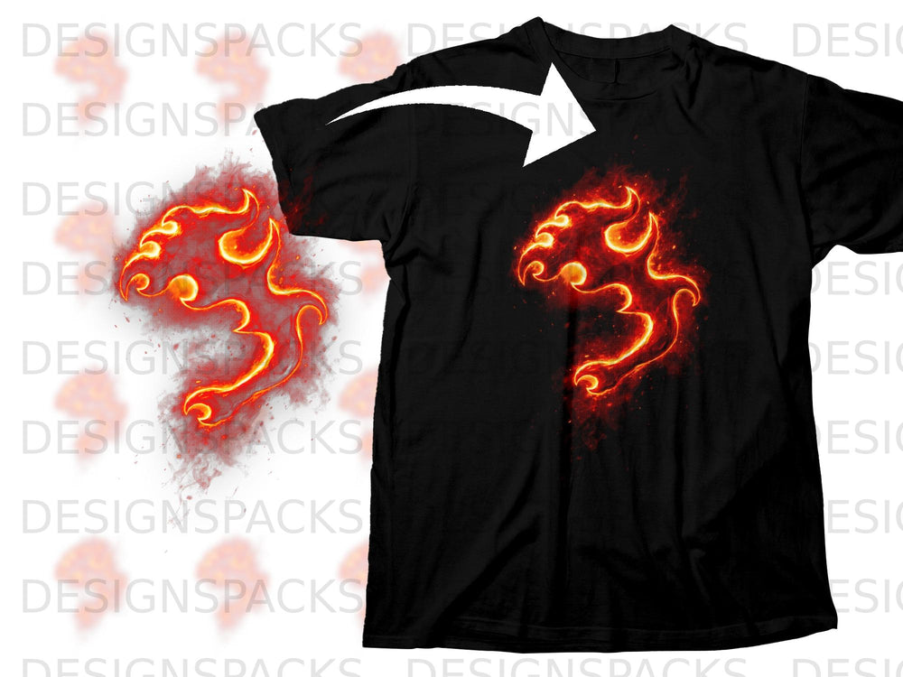 Black t-shirt with fiery red and yellow tribal design on front.