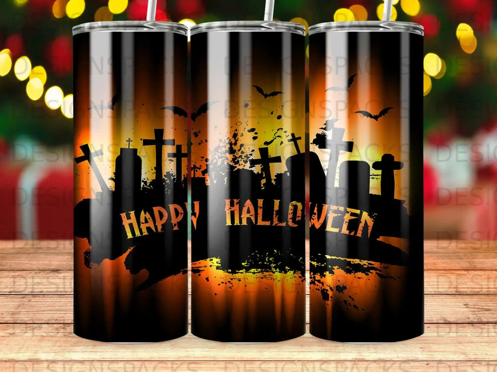 Happy Halloween tumbler with a spooky graveyard and bats graphic.