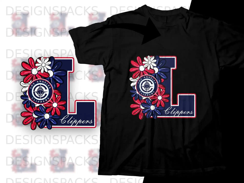 Black t-shirt with Los Angeles Clippers logo featuring a large blue L with floral accents.