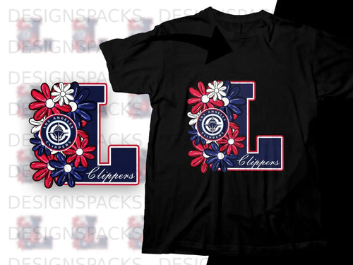 Black t-shirt with Los Angeles Clippers logo featuring a large blue L with floral accents.