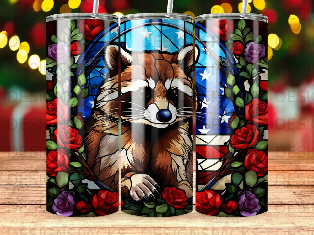 Raccoon in stained glass with roses and American flag accents.