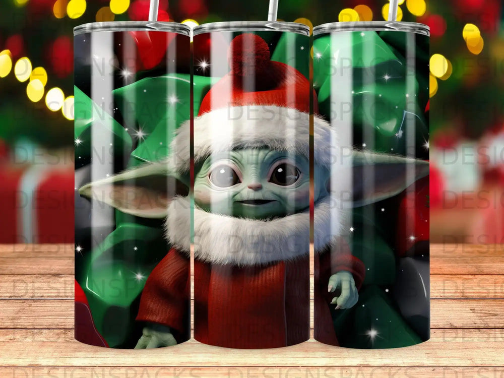 Grogu wearing a red sweater and hat, surrounded by green festive decorations.