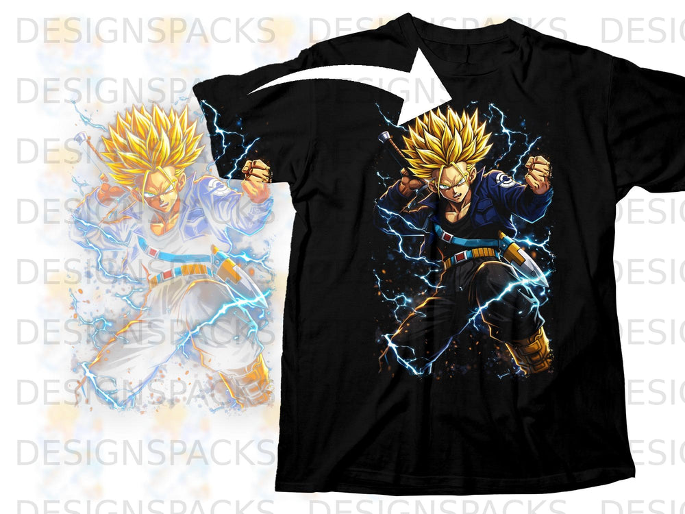 Black t-shirt with Dragon Ball Z Trunks character graphic and lightning effects.