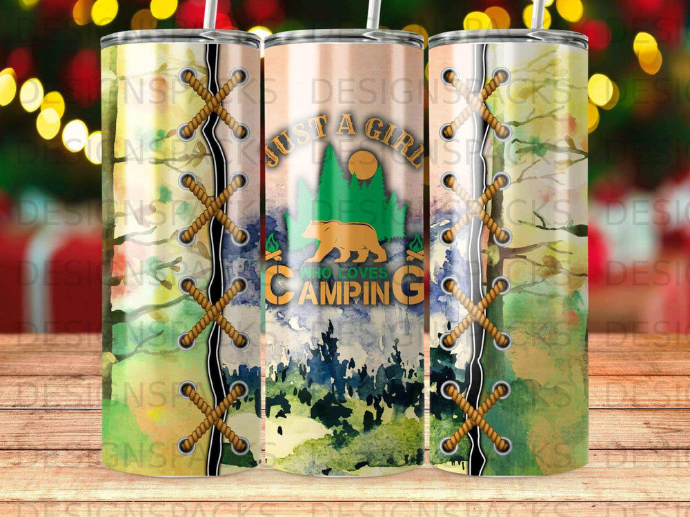 Tumbler with "Just a girl who loves camping" text and woodland graphics.