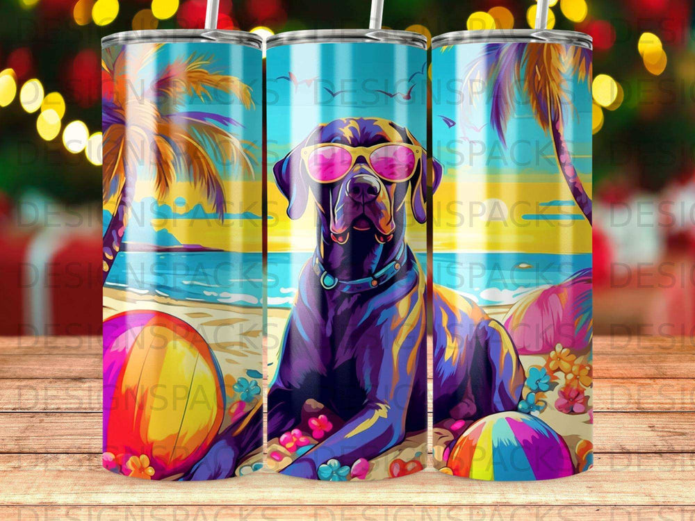 Black dog wearing sunglasses on a beach with beach ball and palm trees.