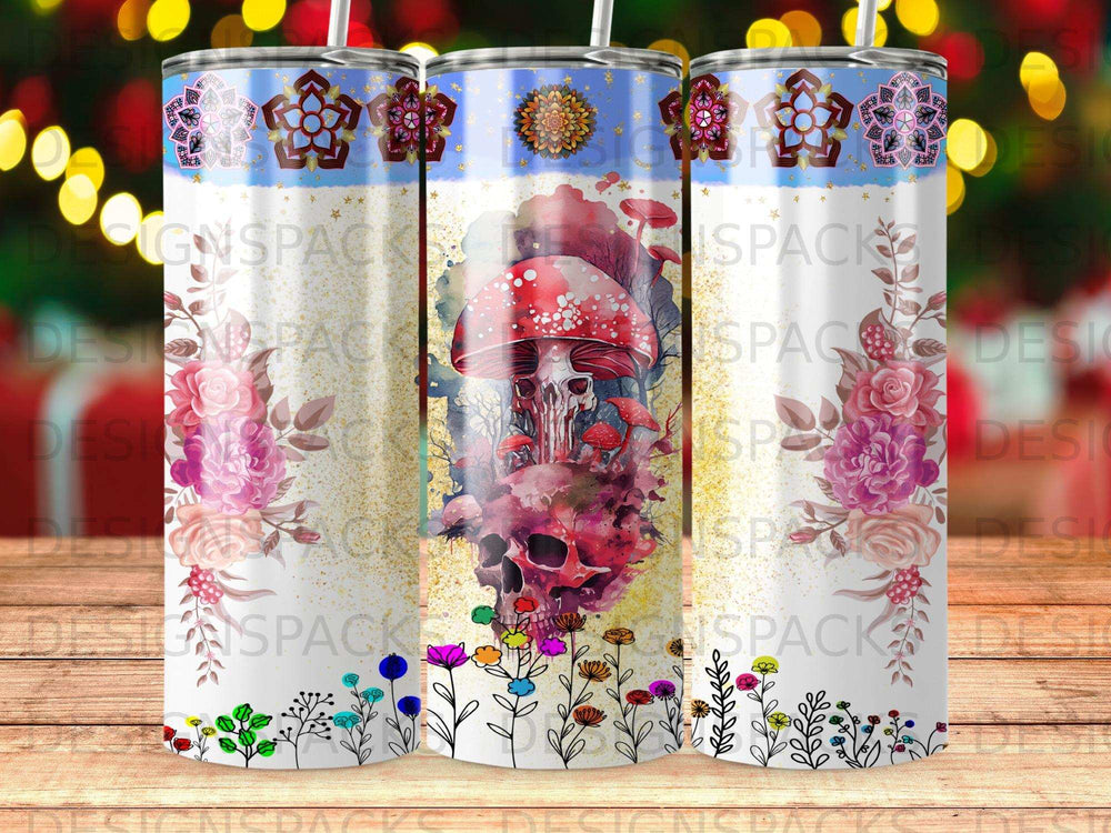 Tumbler with skull, mushrooms, flowers, and celestial border.