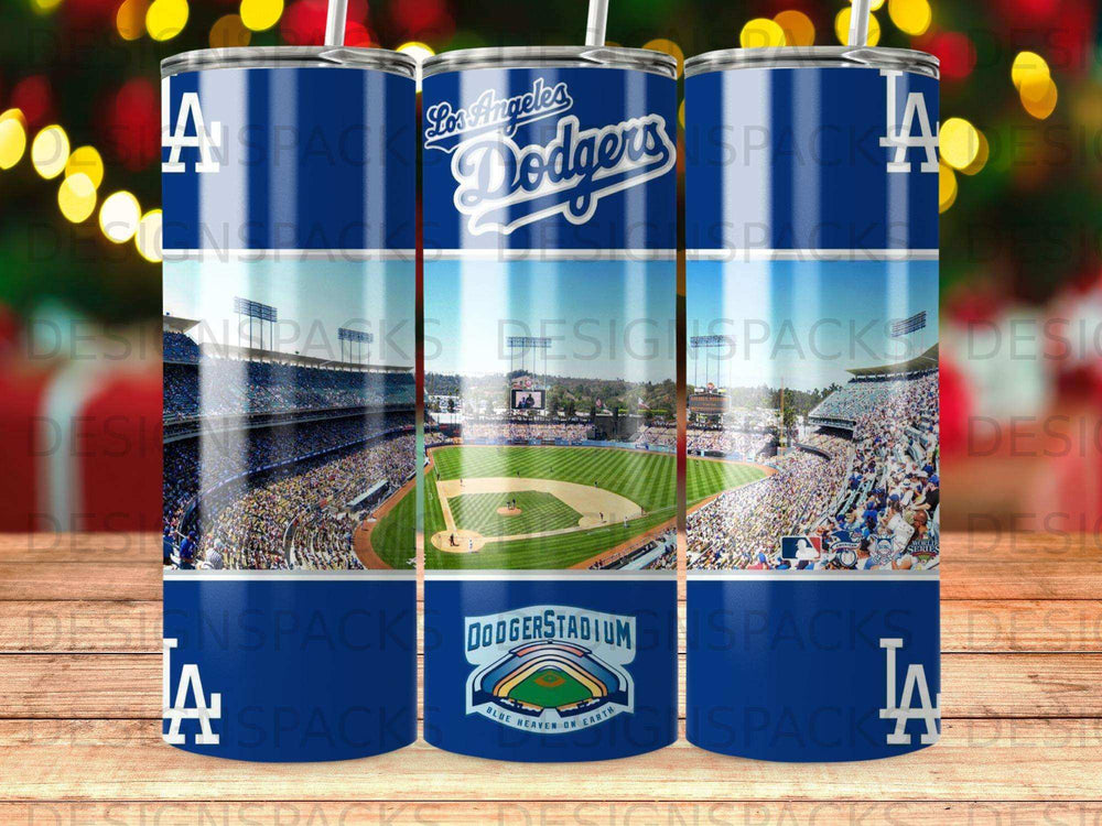 Los Angeles Dodgers stadium and logo on a blue tumbler.