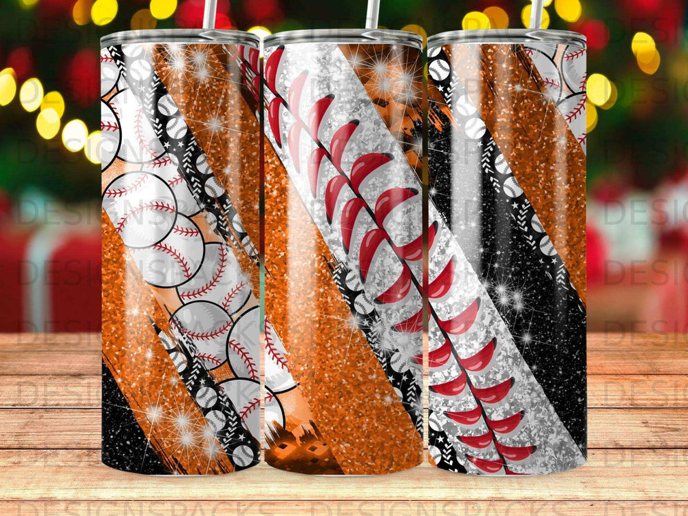 Three tumblers with baseball, glitter, and striped patterns.