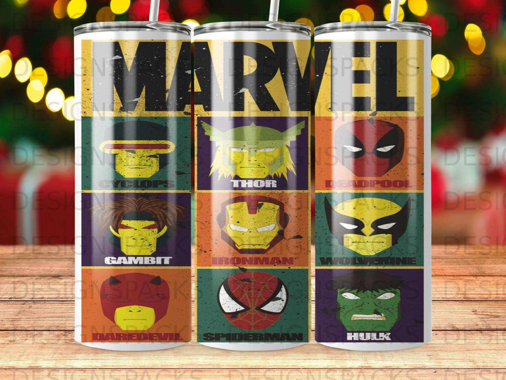 Marvel characters Cyclops, Thor, Deadpool, Gambit, Iron Man, Wolverine, Daredevil, Spider-Man, Hulk.