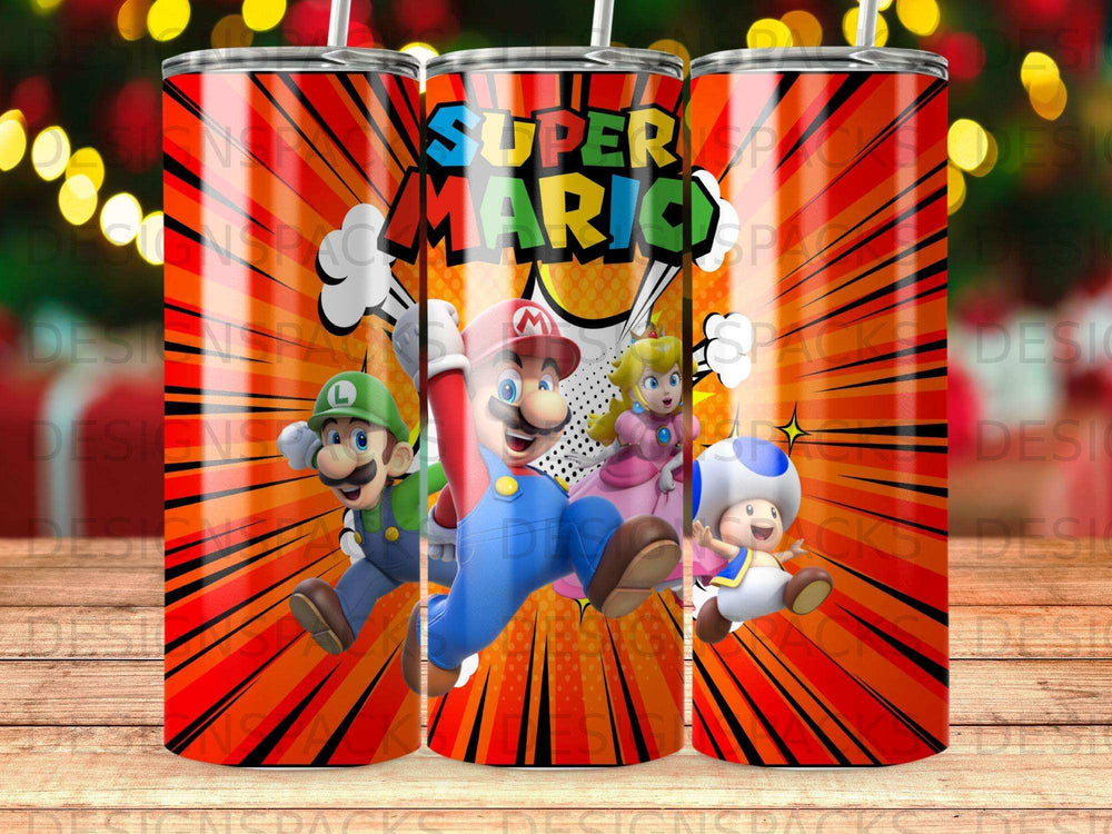 Super Mario, Luigi, Princess Peach, and Toad characters on a red and yellow striped background.
