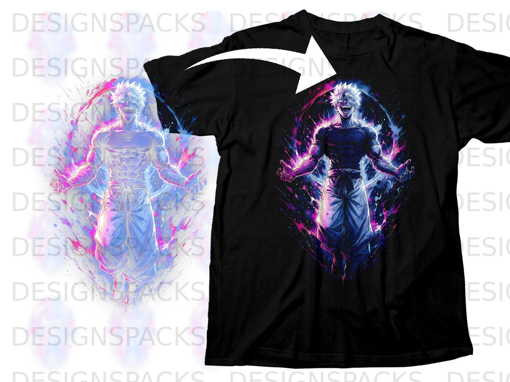 Black t-shirt featuring an anime character with glowing effects and colorful splatters.