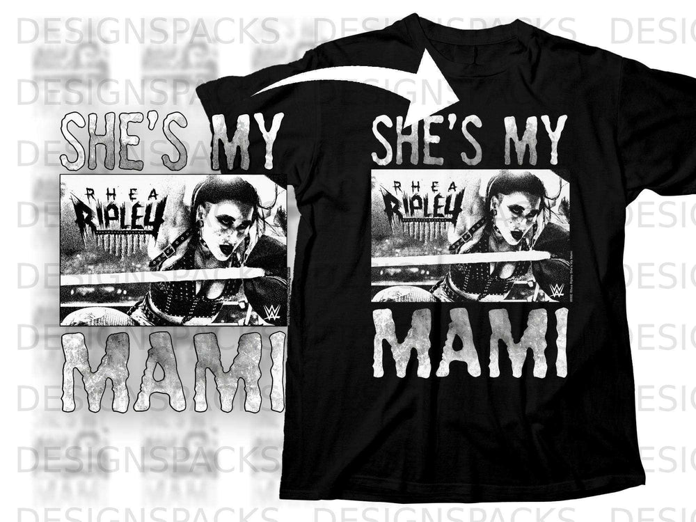Black t-shirt featuring Rhea Ripley with "She's My Mami" text.