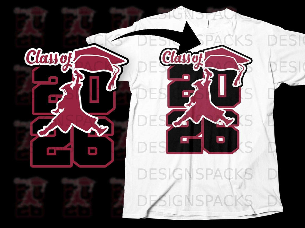 Burgundy graduation design with "Class of 2026" on a white t-shirt.
