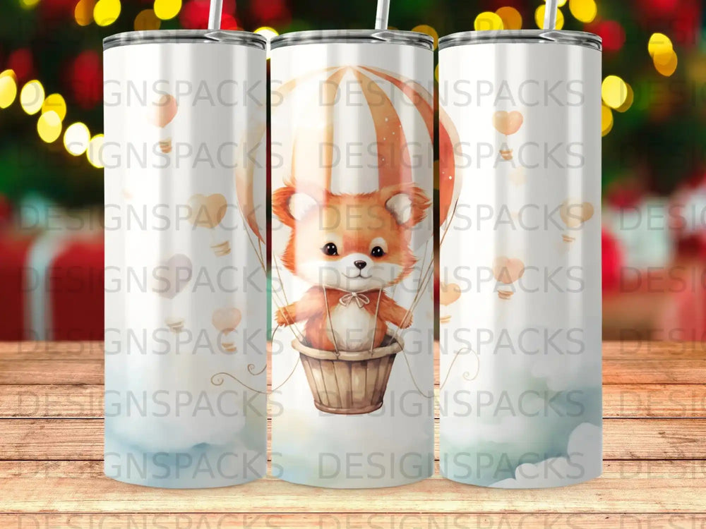 Cute teddy bear in hot air balloon with soft clouds, repeating "DESIGNSPACKS" watermark.
