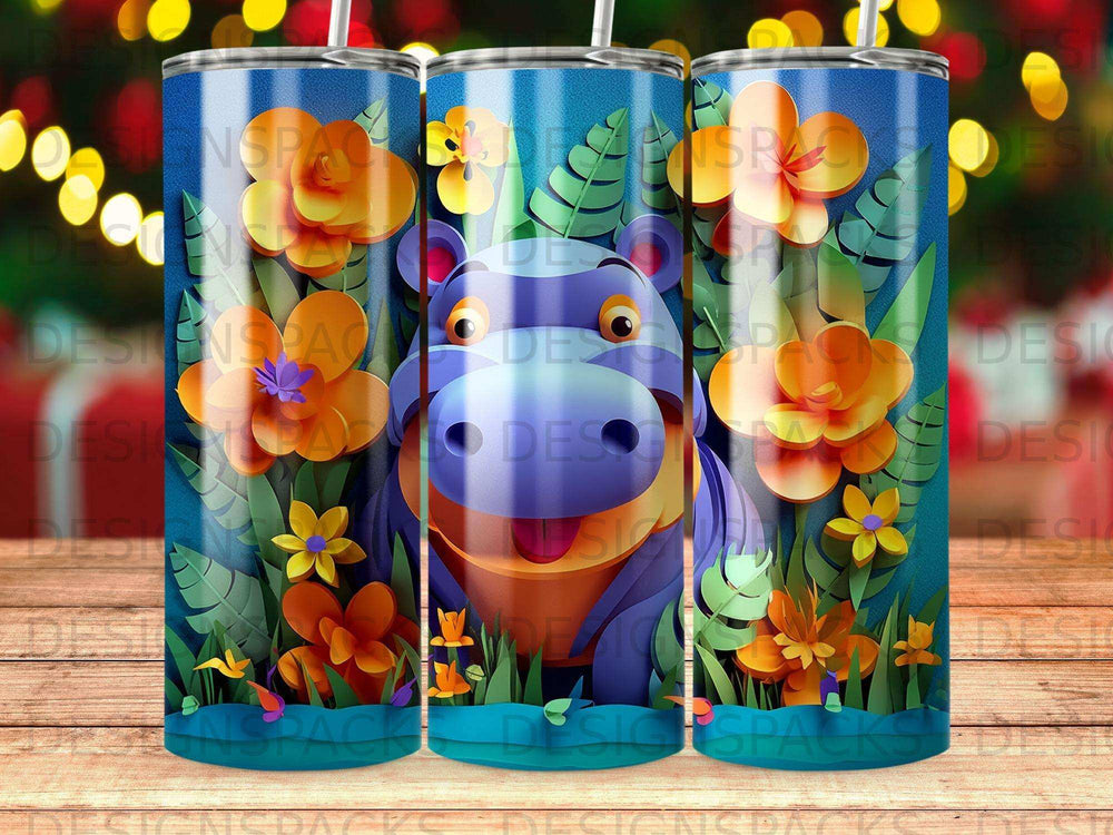 Blue tumbler with a cartoon hippo surrounded by colorful flowers and leaves.