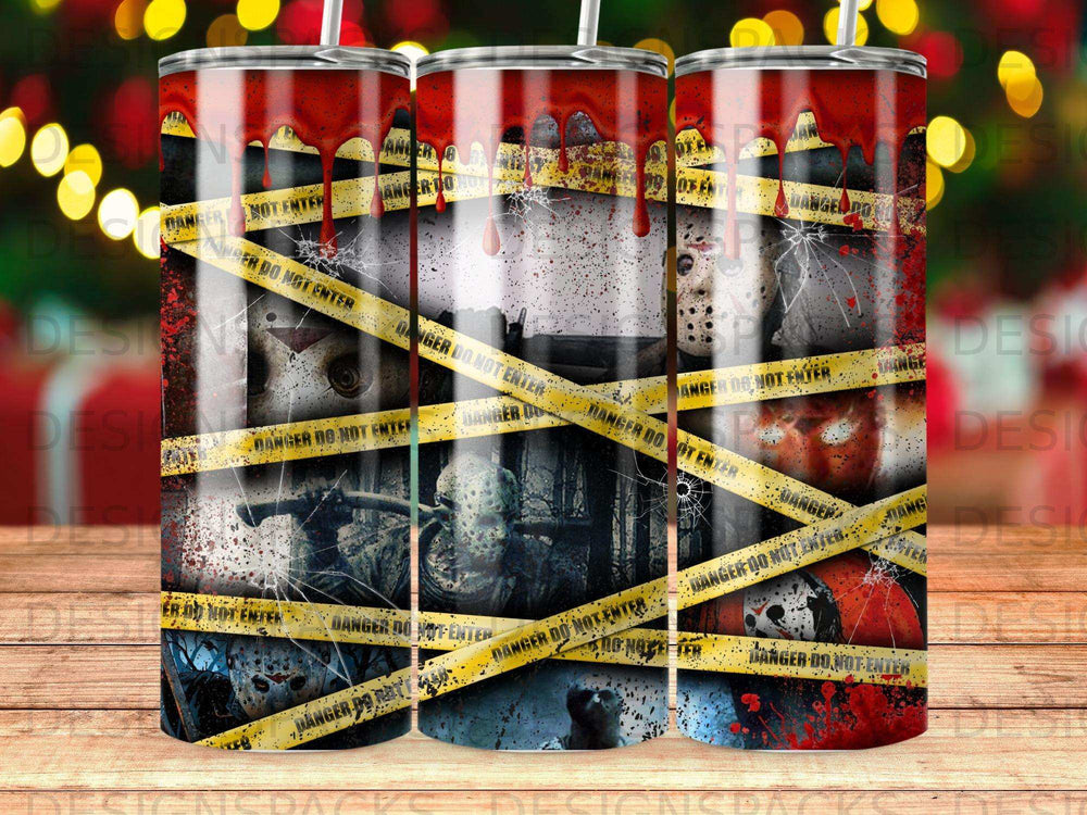 Three tumblers with a horror movie theme featuring blood splatter and caution tape.