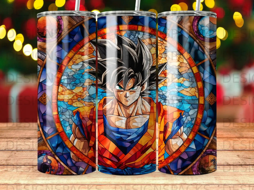 Stained glass tumbler featuring Goku from Dragon Ball Z.