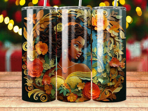 Woman with curly hair and floral design on a dark background.