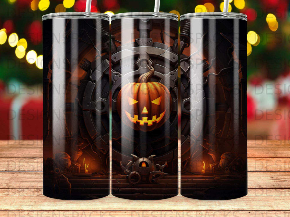 Pumpkin jack-o'-lantern in a dark, industrial, steampunk setting.