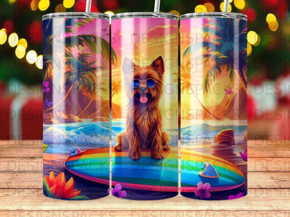 Dog wearing sunglasses sitting on a surfboard with tropical beach background.