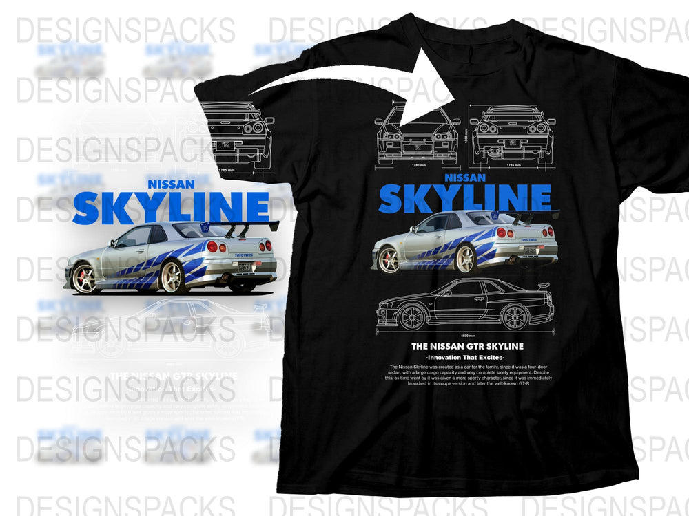 Nissan Skyline GTR T-Shirt, Car Enthusiast Graphic Tee, Automotive Apparel, Collector's Item, Unique Design, Black Cotton Shirt