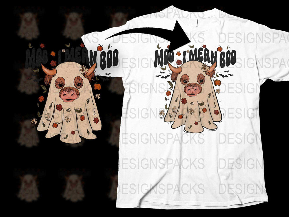 Kids Halloween T-Shirt Cute Ghost Cow Design Autumn Leaves Spooky Apparel
