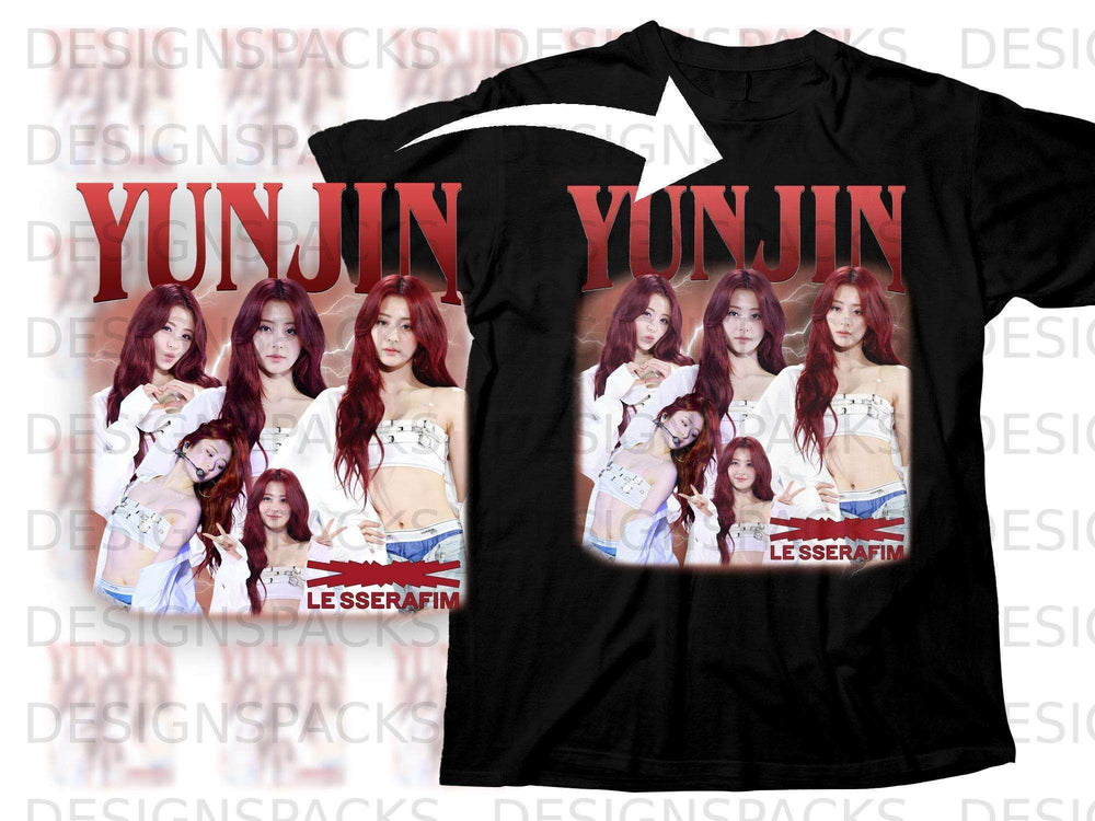 Black t-shirt featuring Yunjin from LE SSERAFIM on the front.