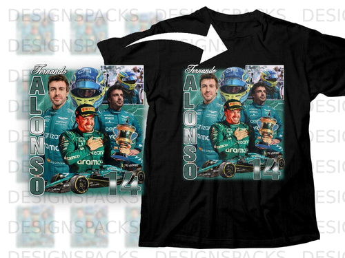 Fernando Alonso Aston Martin Aramco F1 Team t-shirt with driver and trophy.