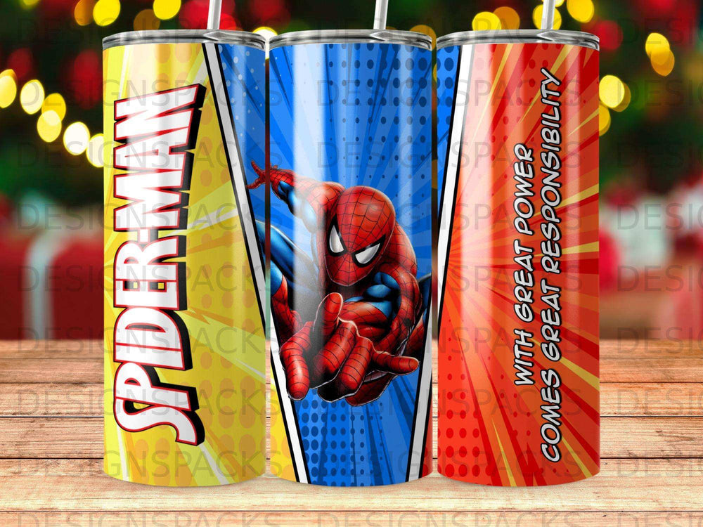 Spiderman tumbler with comic book art and "With Great Power Comes Great Responsibility".