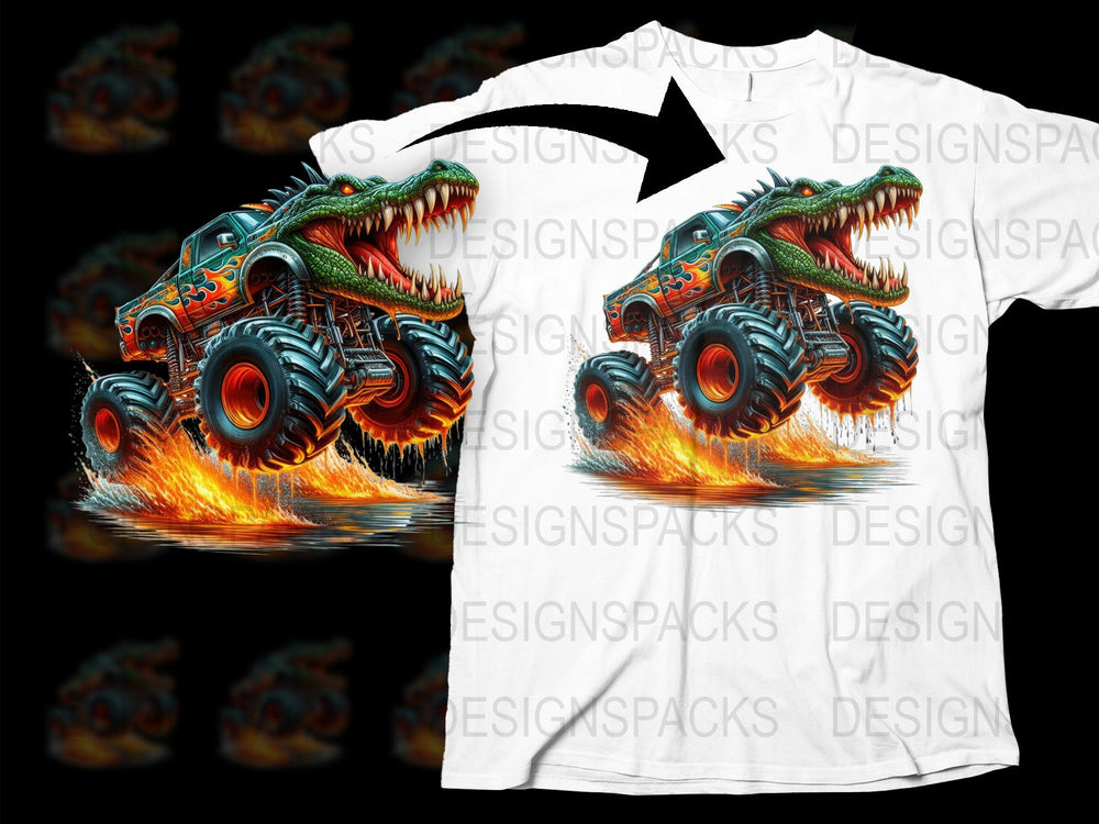 Monster Truck Dragon Graphic T-Shirt, Flame Design, Boys Cool Tee, Unique Gift Idea