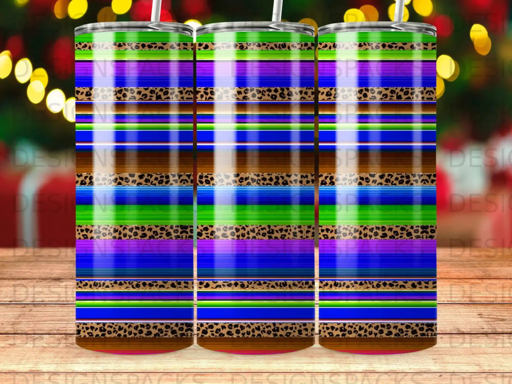 Colorful horizontal stripes with leopard print accents on a tumbler.