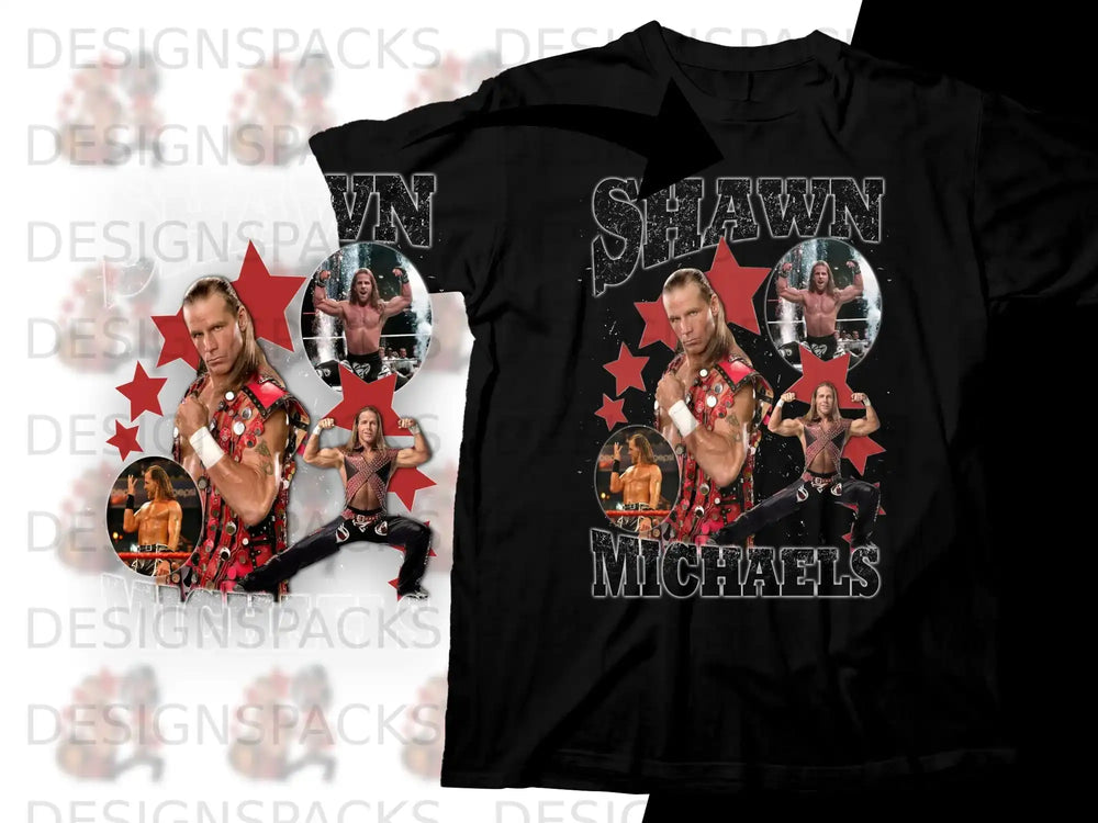 Black t-shirt featuring wrestler Shawn Michaels in action pose with starbursts.
