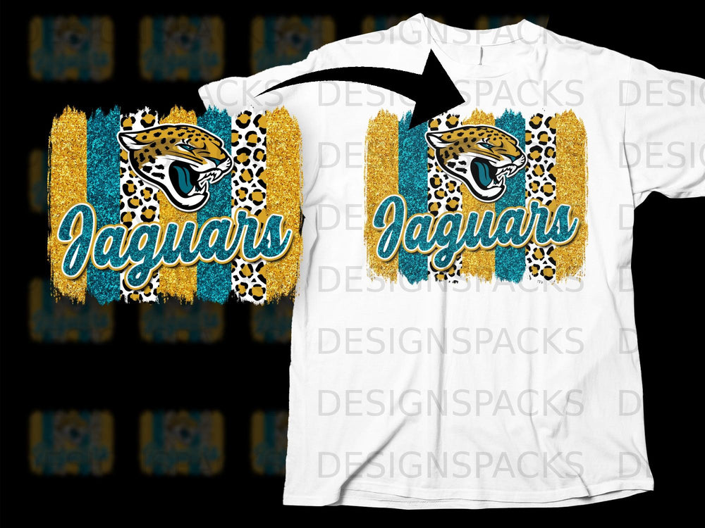 Jaguar head logo with "Jaguars" text over gold and teal glitter stripes.