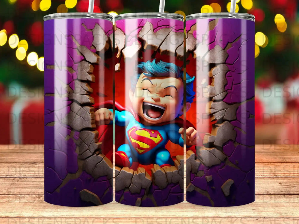 Cartoon Superman breaks through a cracked wall, laughing.
