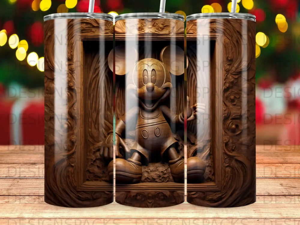 Carved wooden Mickey Mouse relief in a frame on a tumbler.