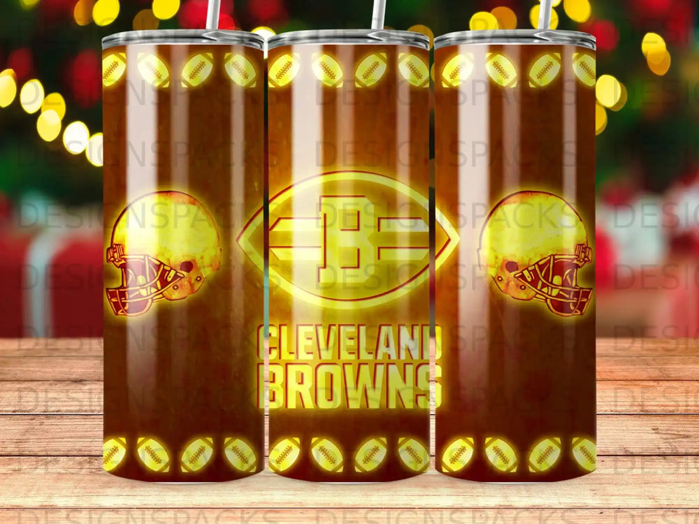 Cleveland Browns football helmet and logo tumbler with festive bokeh background.