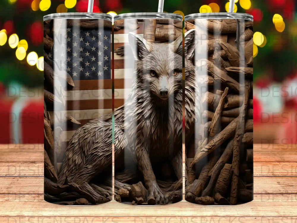 Wolf with American flag background on a cylindrical tumbler.