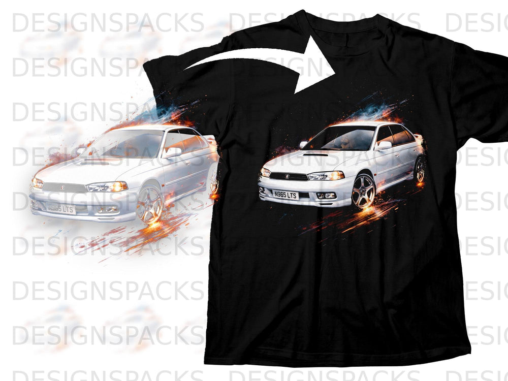 Black t-shirt with a white Subaru Legacy graphic and fiery accents.
