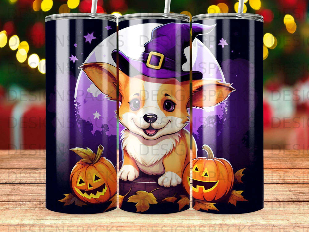 Corgi in witch hat with pumpkins, Halloween design.